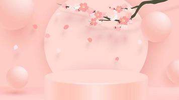 Abstract minimal scene with geometric forms. cylinder podium in pink background with pink sakura flower. product presentation, mockup, show product, podium, stage pedestal or platform. 3d vector. vector