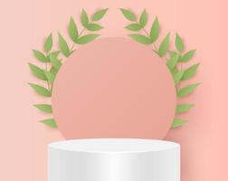 Abstract minimal scene with geometric forms. cylinder white podium in blue background with leaves. product presentation, mock up, show cosmetic product, Podium, stage pedestal or platform. 3d vector