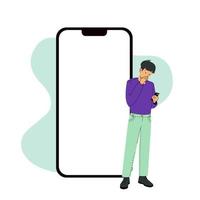 Iphone 14 pro screen template next to a surprised man. Vector modern