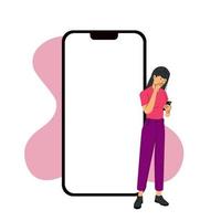 Iphone 14 pro screen template next to a surprised woman. Vector modern