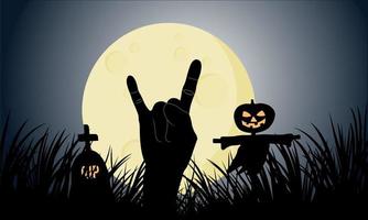 Devil's horn symbol emerges from the grave. Rock Devil Hand symbol emerges near grave and the Pumpkin Head Cross on full moon night of Halloween. vector