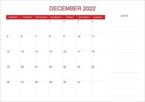 Calendar December 2022 with red color vector