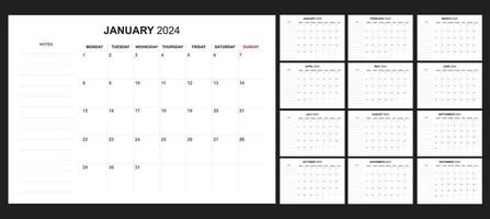 calendario de conjunto simple 2024, comienza el lunes vector