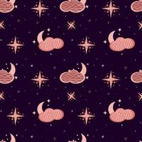 Hygge background. Hygge Autumn and winter pattern. Cute and cozy vector seamless pattern. Illustration of moon, clouds, rainbow and stars.