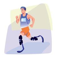 Cheerful man with artificial legs running marathon. Young guy with physical disabilities. Active lifestyle. Flat vector design