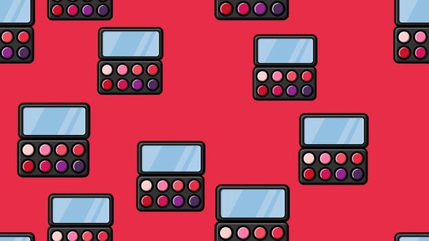 textura interminable patrón sin costuras de hermosas cajas de polvo rectangulares glamorosas de moda con sombras para maquillaje y guía de belleza aisladas en un fondo rojo. ilustración vectorial vector