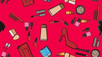 Endless seamless pattern of beautiful beauty items of female glamorous fashionable powders, lipsticks, varnishes, creams, cosmetics on a pink background. Vector illustration