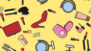 Endless seamless pattern of beautiful beauty items of female glamorous fashionable powders, lipsticks, varnishes, creams, cosmetics on a yellow background. Vector illustration