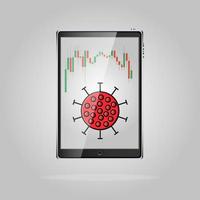 Digital tablet with financial crisis graphs and deadly coronavirus pandemic pandemic, covid-19 virus microbe on the screen. Concept coronocrisis vector