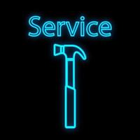 Bright luminous blue industrial digital neon sign for shop workshop service center beautiful shiny with a hammer for repair on a black background and the inscription service. Vector illustration