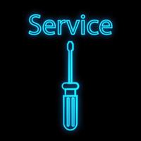 Bright luminous blue industrial digital neon sign for shop workshop service center beautiful shiny with a screwdriver for repair on a black background. Vector illustration