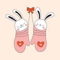 Draw character cute rabbits sleep in Christmas sock for Christmas day and new year.Draw doodle cartoon style. All elements are isolated vector