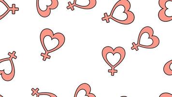 Texture seamless pattern of flat icons of hearts with a sign of a woman, love items for the holiday of love Valentine's Day February 14 or March 8 on a white background. Vector illustration