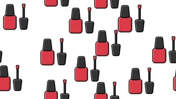 Endless seamless pattern of beautiful red beauty cosmetic items of nail polish bottles for manicure on a white background. Vector illustration