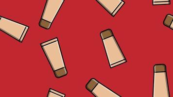 Endless seamless pattern of beautiful beauty items of female glamorous fashion tubes of makeup foundation on a red background. Vector illustration