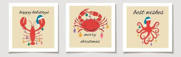 Christmas vector gift card or tag set of Lobster, octopus, Crab with Christmas decorations  merry christmas lettering, best wishes.