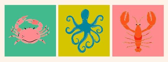 conjunto de langosta dibujada a mano, pulpo, cangrejo. logotipo de la tienda de mariscos, letrero, menú del restaurante, mercado de pescado, pancarta, plantillas de diseño de afiches. productos de mariscos frescos. ilustración vectorial de moda. diseño plano vector