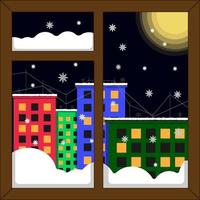 Beautiful winter snowy window view of the night city with multi-storey buildings and multi-colored buildings. Snowflakes fall outside the window, view from the apartment. Vector illustration