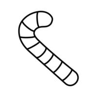 Black and white small simple linear icon of a beautiful festive New Year Christmas treat, long striped candy on a white background. Vector illustration