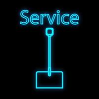 Bright luminous blue industrial digital neon sign for shop workshop service center beautiful shiny with a shovel for repair on a black background and the inscription service. Vector illustration