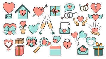 A set of large simple flat-style icons of beautiful hearts, gifts, envelopes, love items for the feast of love Valentine's Day February 14 or March 8. Vector illustration