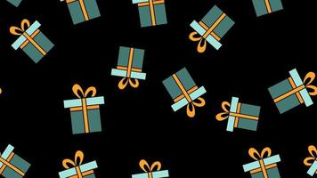 Texture endless seamless pattern from flat icons of gift boxes, love items for the holiday of love Valentine's Day February 14 or March 8 on a black background. Vector illustration