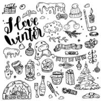 A set of doodles on the theme of the winter season - snowflakes, Christmas tree, gift boxes, classic decorations, knitwear, winter sports. Vector freehand drawings isolated on white background.