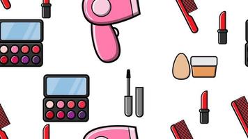 Endless seamless pattern of beautiful beauty items of female glamorous fashionable powders, lipsticks, varnishes, creams, cosmetics on a white background. Vector illustration