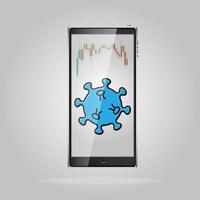 Digital mobile phone smartphone with financial crisis graphs and the deadly coronavirus pandemic pandemic, covid 19 virus microbe on the screen. Concept coronocrisis vector