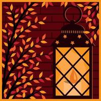 Interior landscape autumn lantern decorated with autumn leaves, cartoon vector