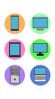 A set of six round icons for contemporary with modern computer technology and electronics computer smartphone tablet laptop on a white background. Vector illustration