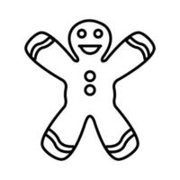Black and white small simple linear icon of a beautiful festive New Year Christmas gingerbread, ginger man, cookies in the shape of a man isolated on a white background. Vector illustration