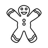 Black and white small simple linear icon of a beautiful festive New Year Christmas gingerbread, ginger man, cookies in the shape of a man isolated on a white background. Vector illustration