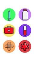 un conjunto de seis íconos redondos para tópicos con temas médicos farmacológicos, un frasco de pastillas y medicamentos, un botiquín de primeros auxilios con jeringa y una curita sobre un fondo blanco. ilustración vectorial vector