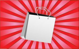 Paper white bag for shopping on a background of abstract red rays. Vector illustration