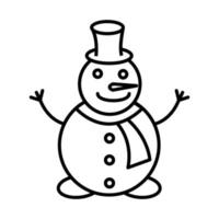 Black and white small simple linear icon of a beautiful festive New Year Christmas snowman with a cylinder on his head and in a scarf on a white background. Vector illustration