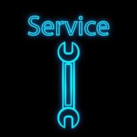 Bright luminous blue industrial digital neon sign for shop workshop service center beautiful shiny with a wrench for repair on a black background and the inscription service. Vector illustration