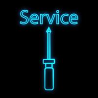 Bright luminous blue industrial digital neon sign for shop workshop service center beautiful shiny with a screwdriver for repair on a black background. Vector illustration
