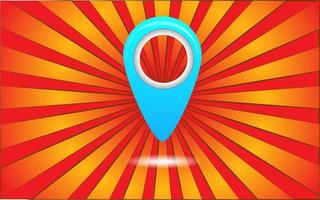 Big blue geolocation label on a background of abstract red rays. Vector illustration