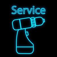 Bright luminous blue industrial digital neon sign for shop workshop service center beautiful shiny with an electric screwdriver for repair on a black background. Vector illustration