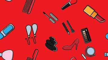 Endless seamless pattern of beautiful beauty items of female glamorous fashionable powders, lipsticks, varnishes, creams, cosmetics on a red background. Vector illustration