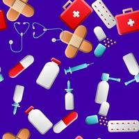 Endless seamless pattern of medical scientific medical items icons jars with pills capsules first aid kits and stethoscopes on a blue background. Vector illustration