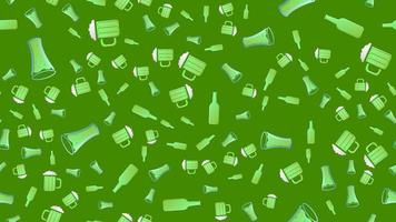 Endless seamless pattern of green beautiful glass beer bottles and glasses with alcoholic tasty tasty light beer, foamy hop lager on a green background. Vector illustration