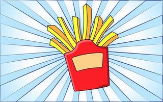 Tasty nourishing fast french fries on a background of abstract blue rays. Vector illustration