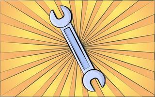 Construction repair fitter's tool open-end wrench for tightening the nut on a background of abstract yellow rays. Vector illustration