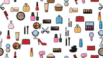 Endless seamless pattern of beautiful beauty items of female glamorous fashionable powders, lipsticks, varnishes, creams, cosmetics on a white background. Vector illustration