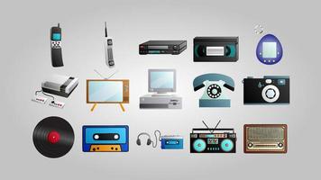 Old beautiful retro hipster set of computer electronics electronics 70s, 80s, 90s on a white background vector