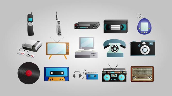 Old beautiful retro hipster set of computer electronics electronics 70s, 80s, 90s on a white background