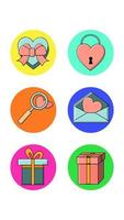 un conjunto de seis íconos redondos para la moda con objetos de vacaciones de amor corazones bloquean lupa de regalos y dulces sobre un fondo blanco. ilustración vectorial vector