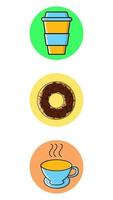 conjunto de tres íconos redondos para la moda con diferentes bebidas vigorizantes sabrosas y comida para un café donut café té sobre un fondo blanco. ilustración vectorial vector